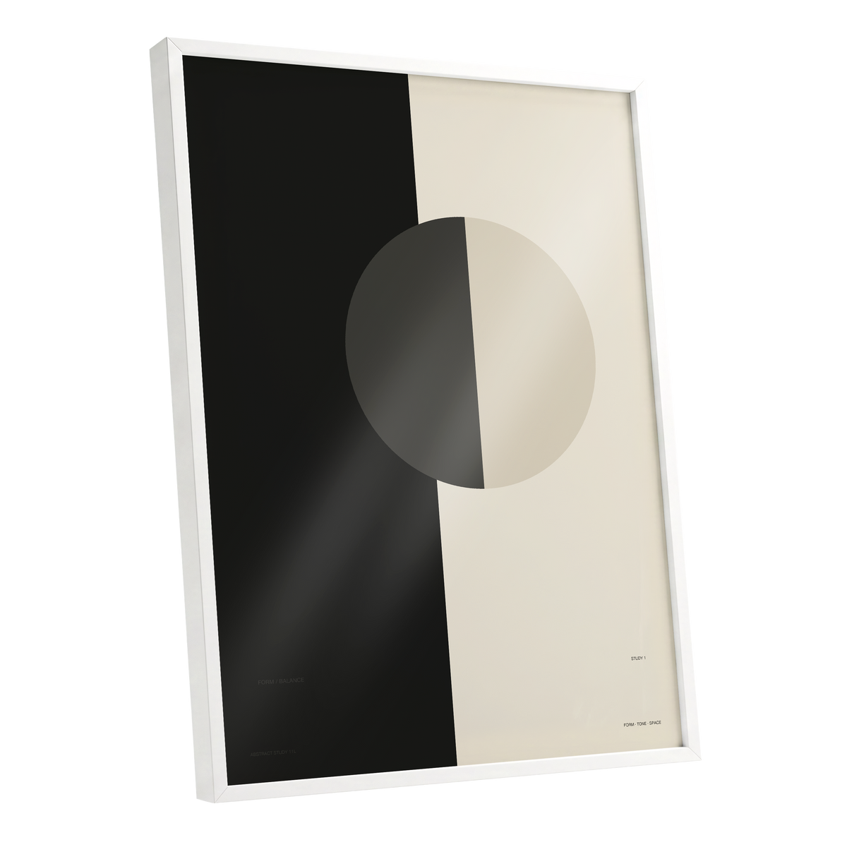 Equilibrium Study, black, beige, gray minimalist wall art shown as a white framed poster wall art print