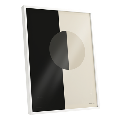 Equilibrium Study, black, beige, gray minimalist wall art shown as a white framed poster wall art print