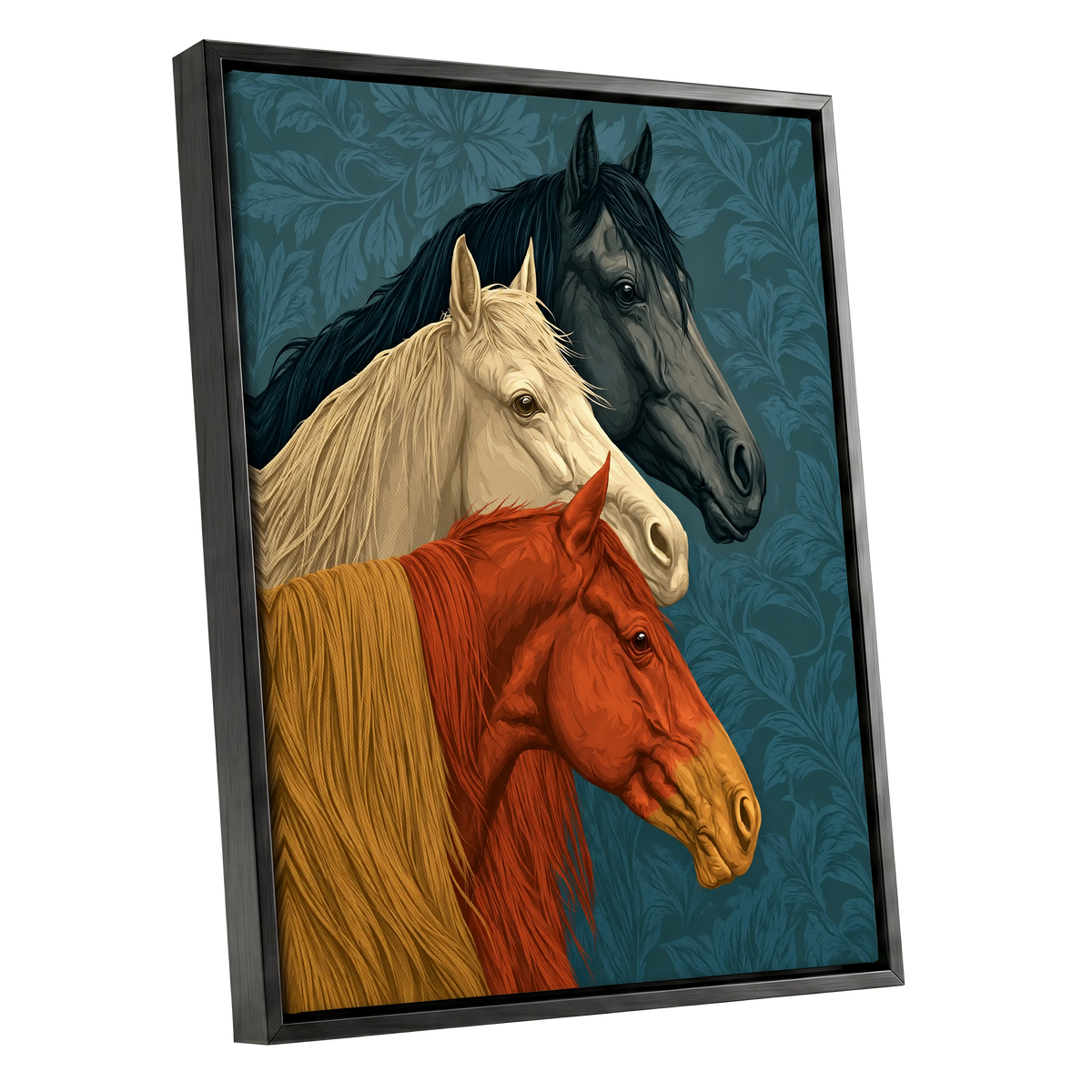 Equine Chorus, blue, beige, orange nature wall art shown as a black framed canvas wall art