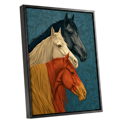 Equine Chorus, blue, beige, orange nature wall art shown as a black framed canvas wall art