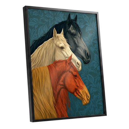 Equine Chorus, blue, beige, orange nature wall art shown as a black framed poster wall art print