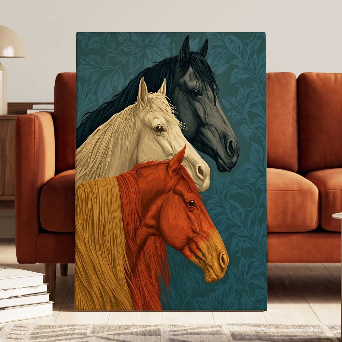 Equine Chorus, blue, beige, orange nature wall art on canvas displayed in a styled interior, gallery view 1