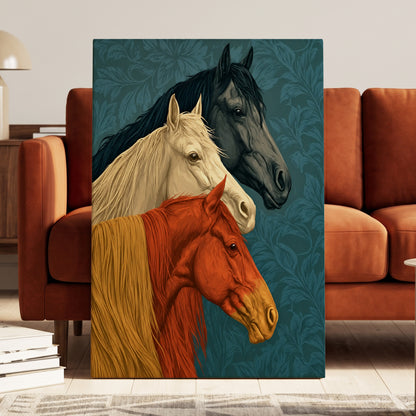 Equine Chorus, blue, beige, orange nature wall art on canvas displayed in a styled interior, gallery view 1