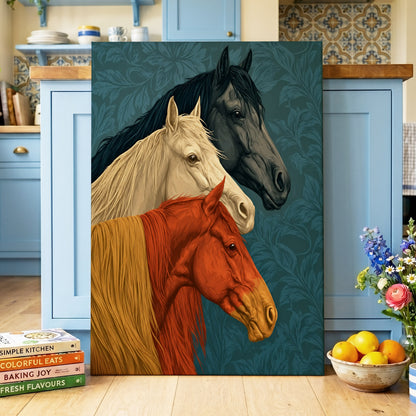 Equine Chorus, blue, beige, orange nature wall art on canvas displayed in a styled interior, gallery view 2