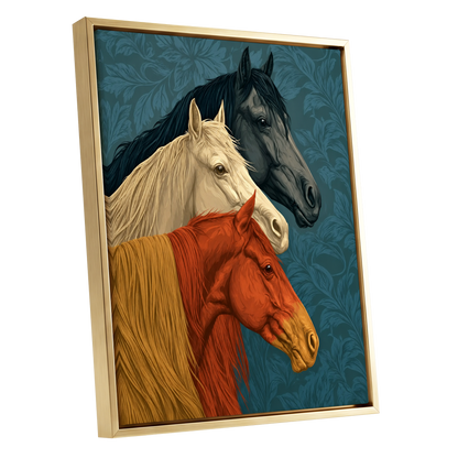 Equine Chorus, blue, beige, orange nature wall art shown as a gold framed canvas wall art