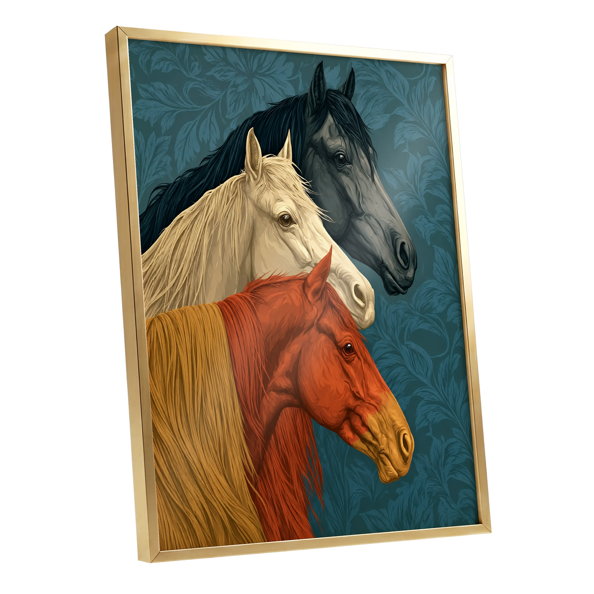 Equine Chorus, blue, beige, orange nature wall art shown as a gold framed poster wall art print