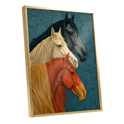 Equine Chorus, blue, beige, orange nature wall art shown as a gold framed poster wall art print