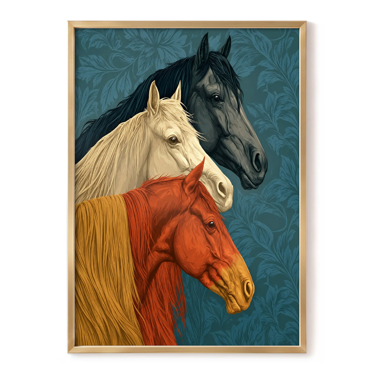 Equine Chorus, blue, beige, orange nature wall art, front artwork view