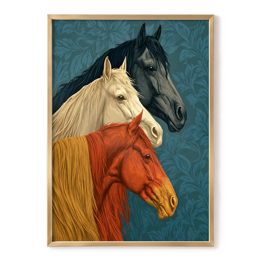 Equine Chorus, blue, beige, orange nature wall art, front artwork view