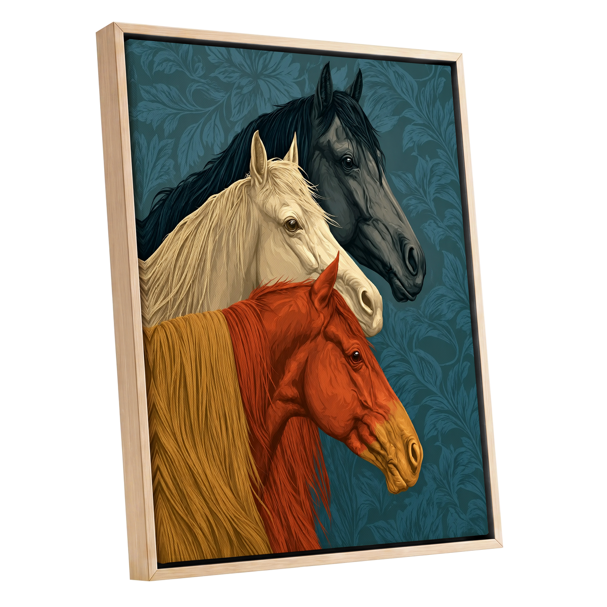 Equine Chorus, blue, beige, orange nature wall art shown as a oak framed canvas wall art