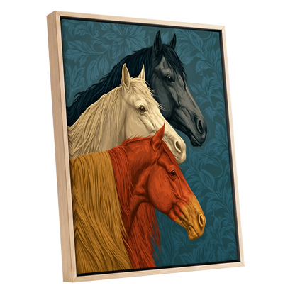 Equine Chorus, blue, beige, orange nature wall art shown as a oak framed canvas wall art