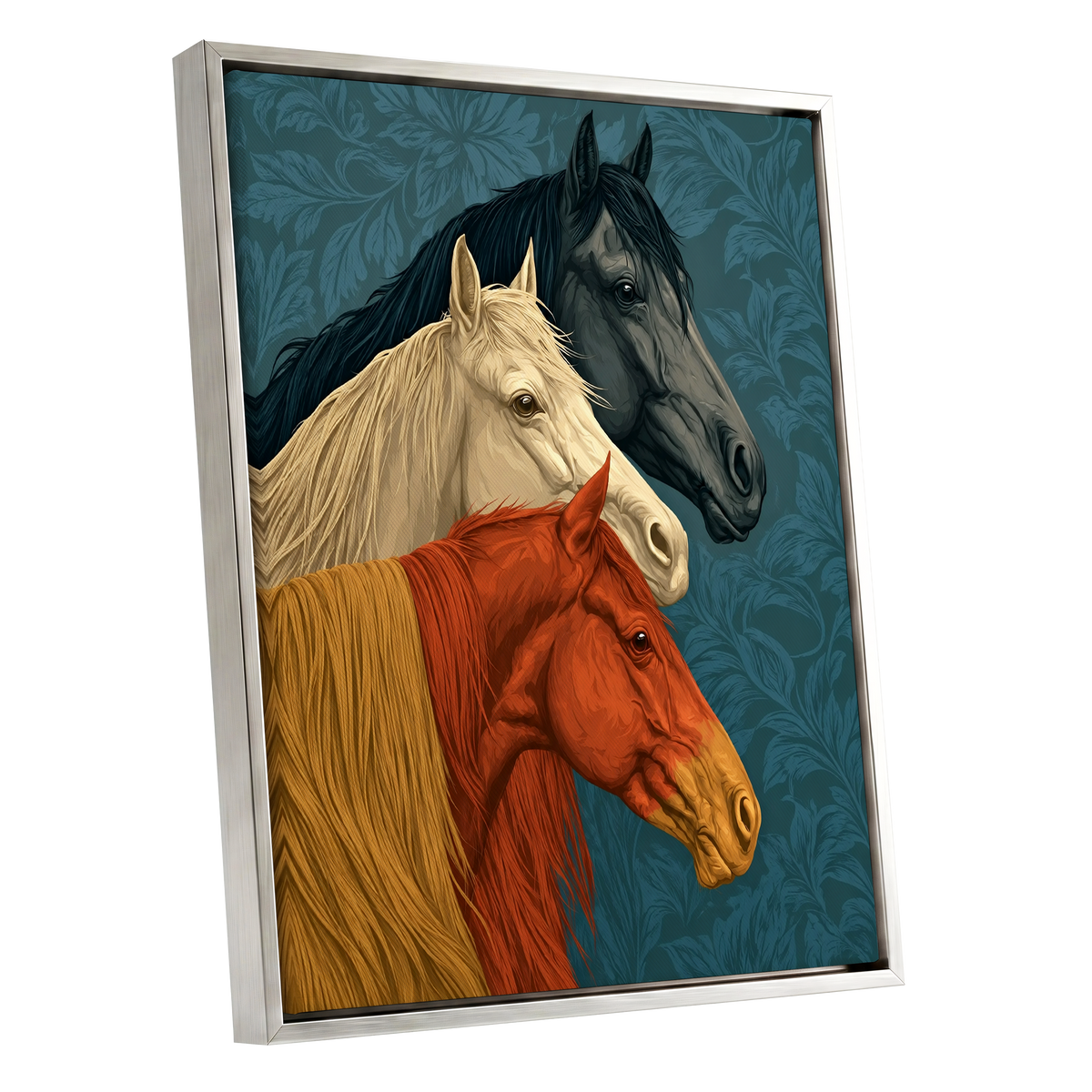Equine Chorus, blue, beige, orange nature wall art shown as a silver framed canvas wall art
