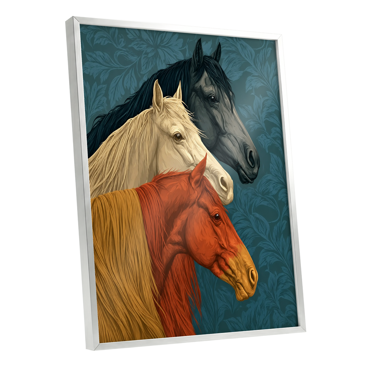 Equine Chorus, blue, beige, orange nature wall art shown as a silver framed poster wall art print