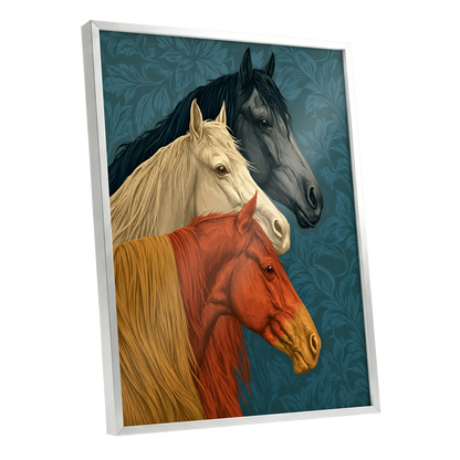 Equine Chorus, blue, beige, orange nature wall art shown as a silver framed poster wall art print