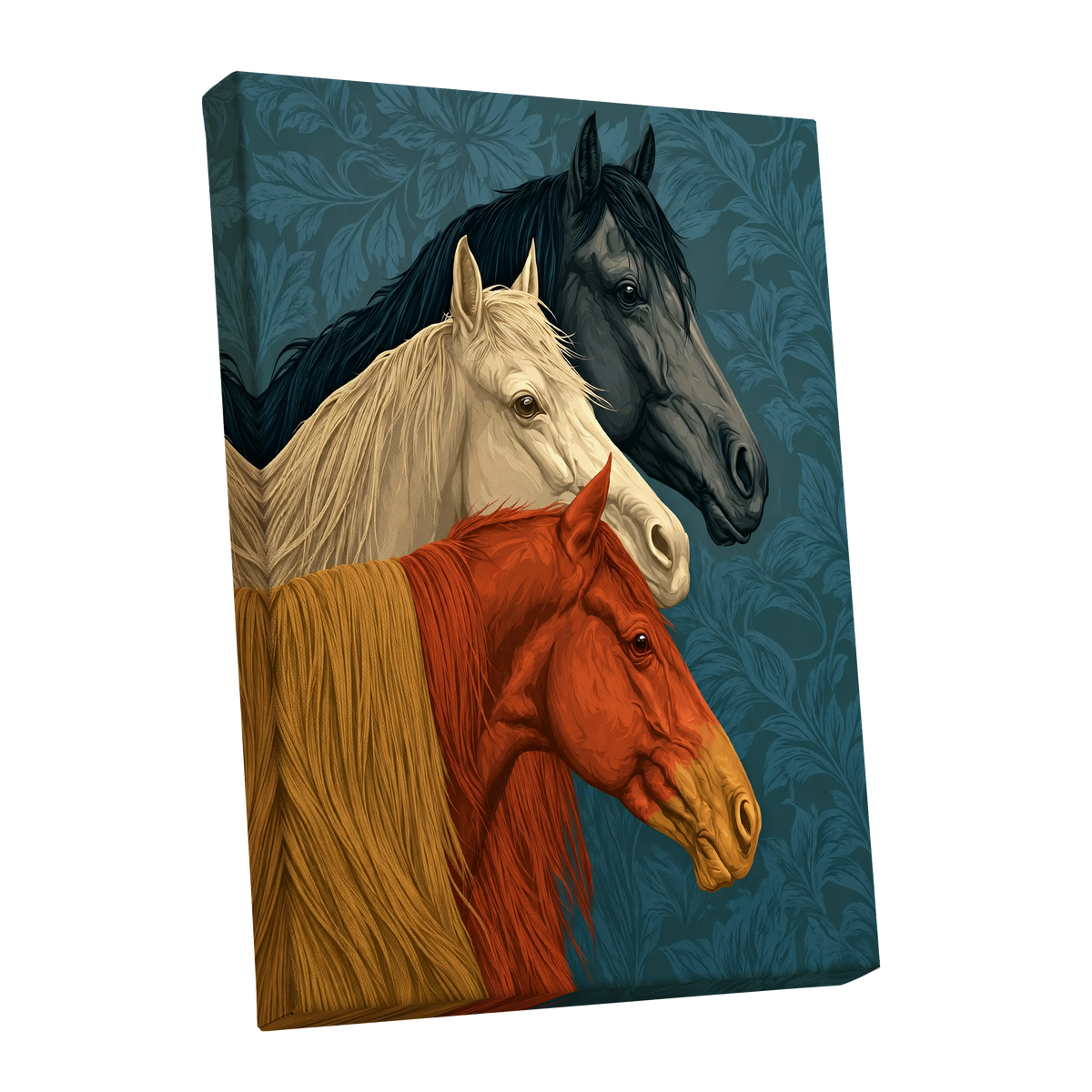 Equine Chorus, blue, beige, orange nature wall art shown as a stretched canvas wall art