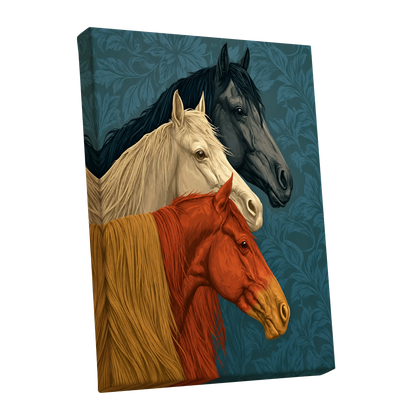 Equine Chorus, blue, beige, orange nature wall art shown as a stretched canvas wall art
