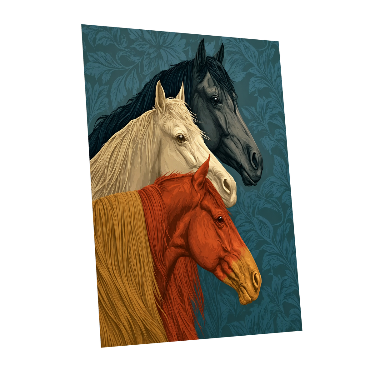 Equine Chorus, blue, beige, orange nature wall art shown as a unframed poster wall art print