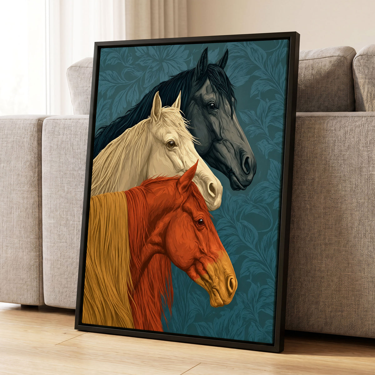Equine Chorus, blue, beige, orange nature wall art displayed in a styled interior, gallery view 1