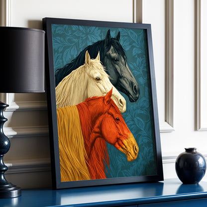 Equine Chorus, blue, beige, orange nature wall art displayed in a styled interior, gallery view 2