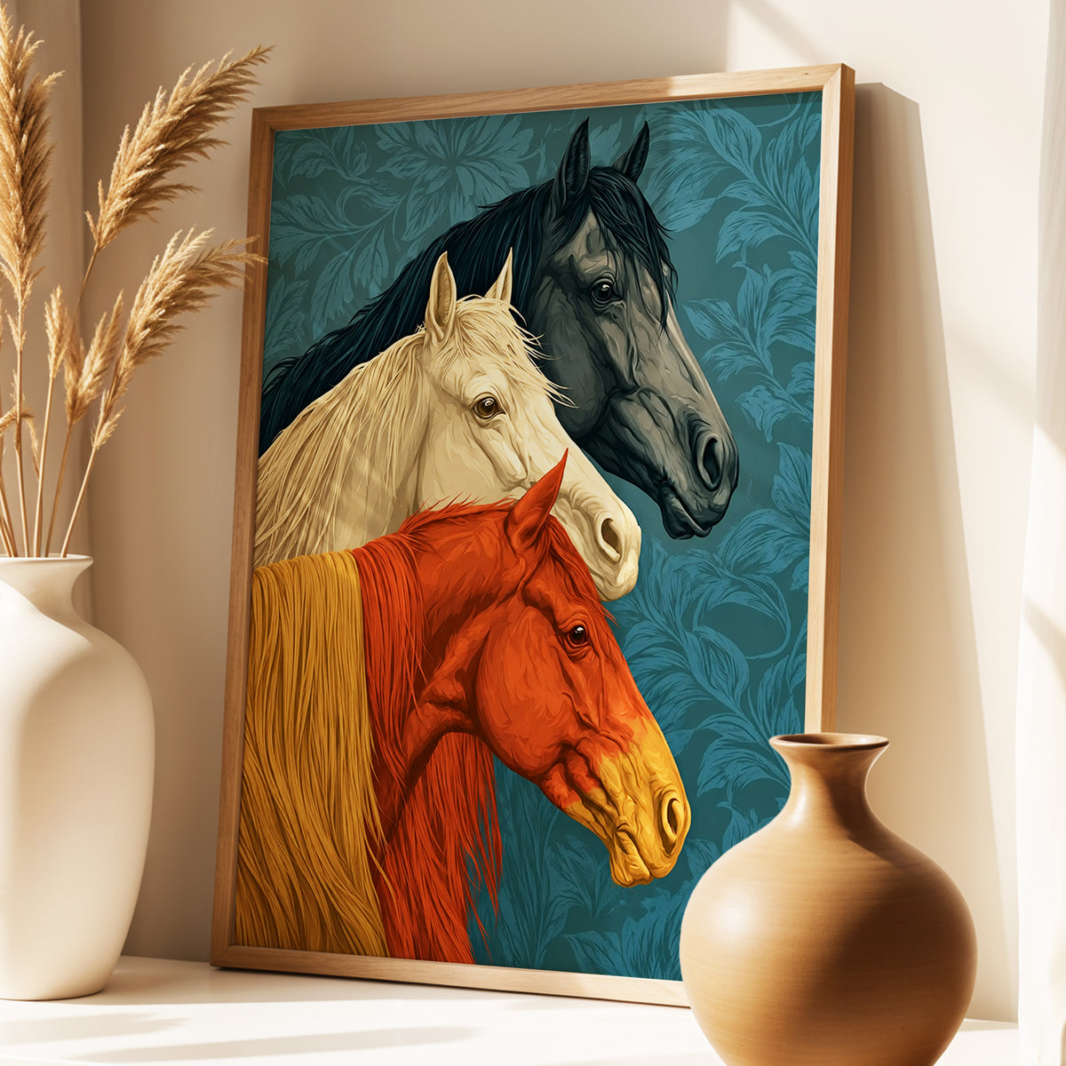 Equine Chorus, blue, beige, orange nature wall art displayed in a styled interior, gallery view 3