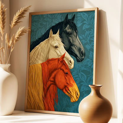 Equine Chorus, blue, beige, orange nature wall art displayed in a styled interior, gallery view 3