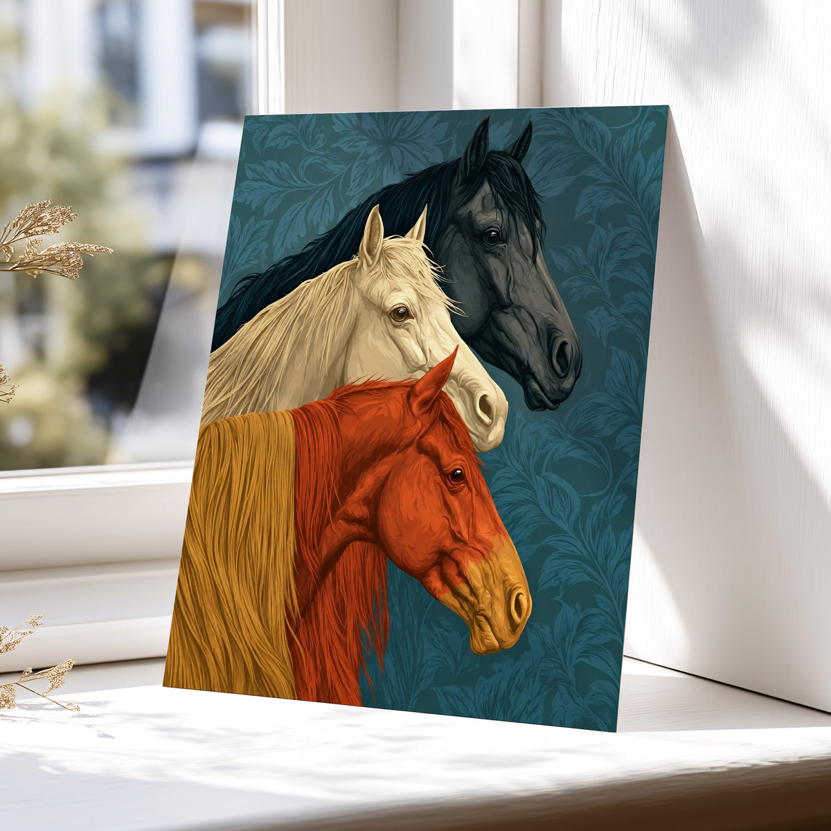 Equine Chorus, blue, beige, orange nature wall art displayed in a styled interior, gallery view 4