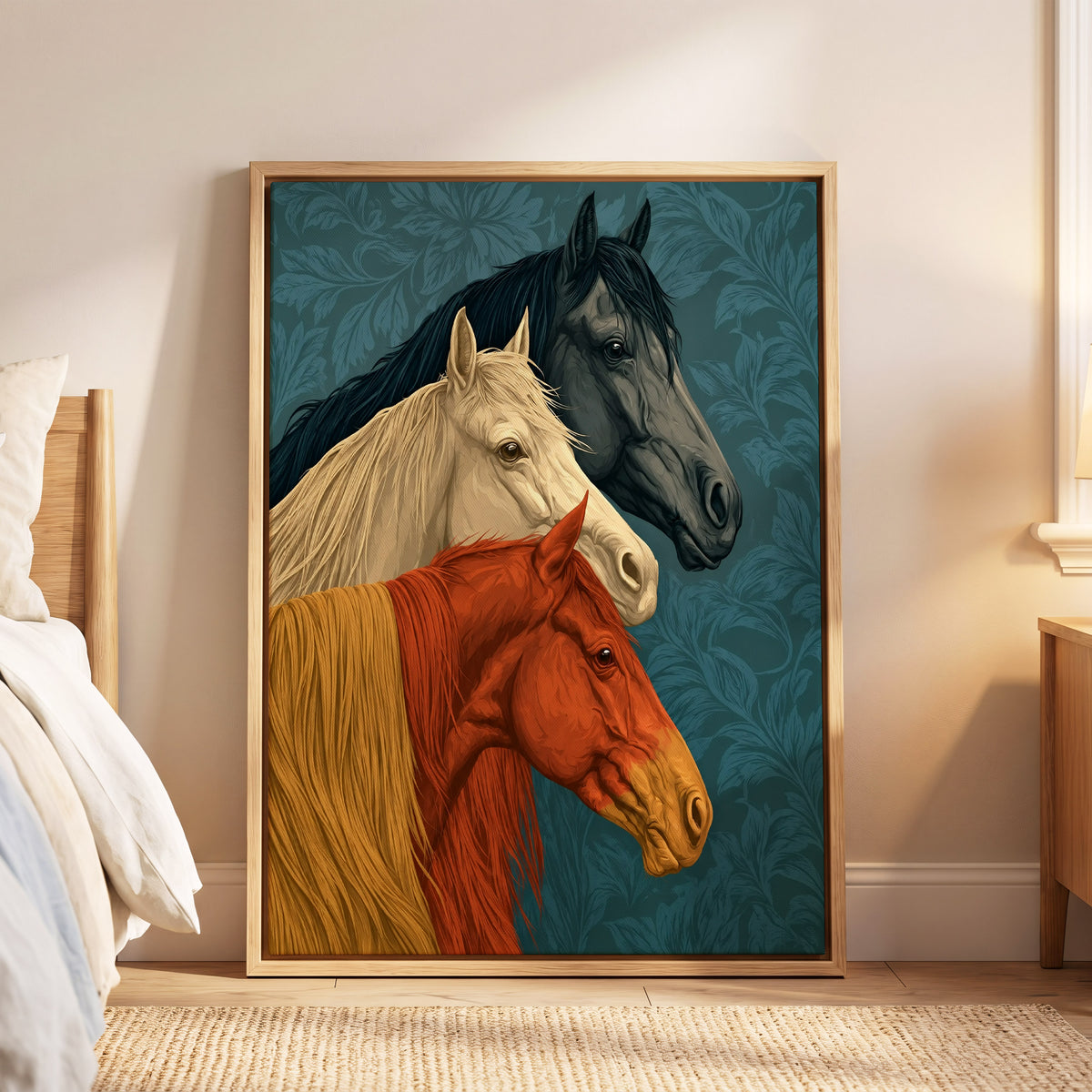 Equine Chorus, blue, beige, orange nature wall art displayed in a styled interior, gallery view 5