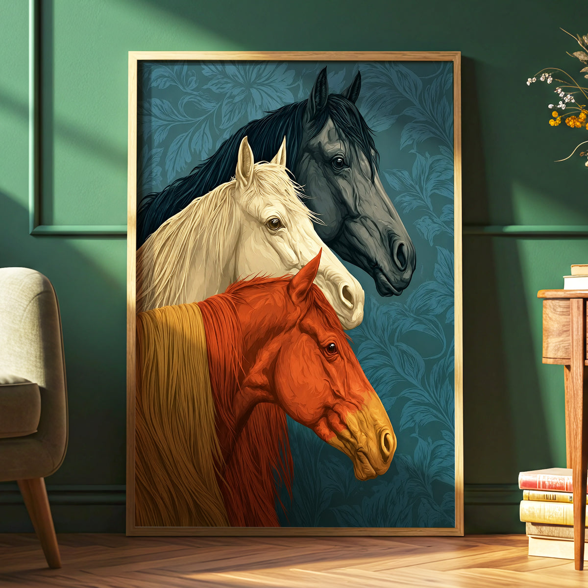 Equine Chorus, blue, beige, orange nature wall art displayed in a styled interior, gallery view 6