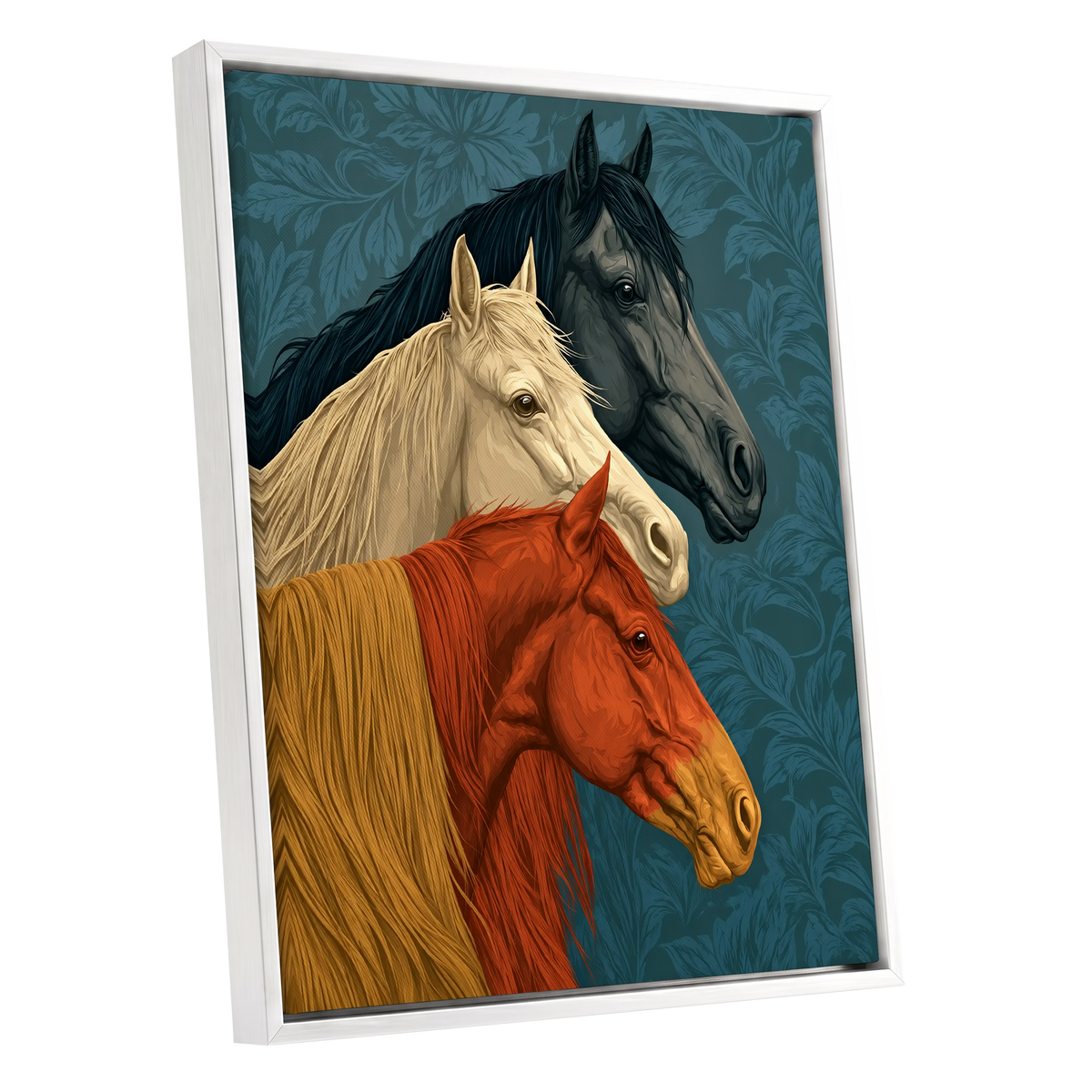 Equine Chorus, blue, beige, orange nature wall art shown as a white framed canvas wall art