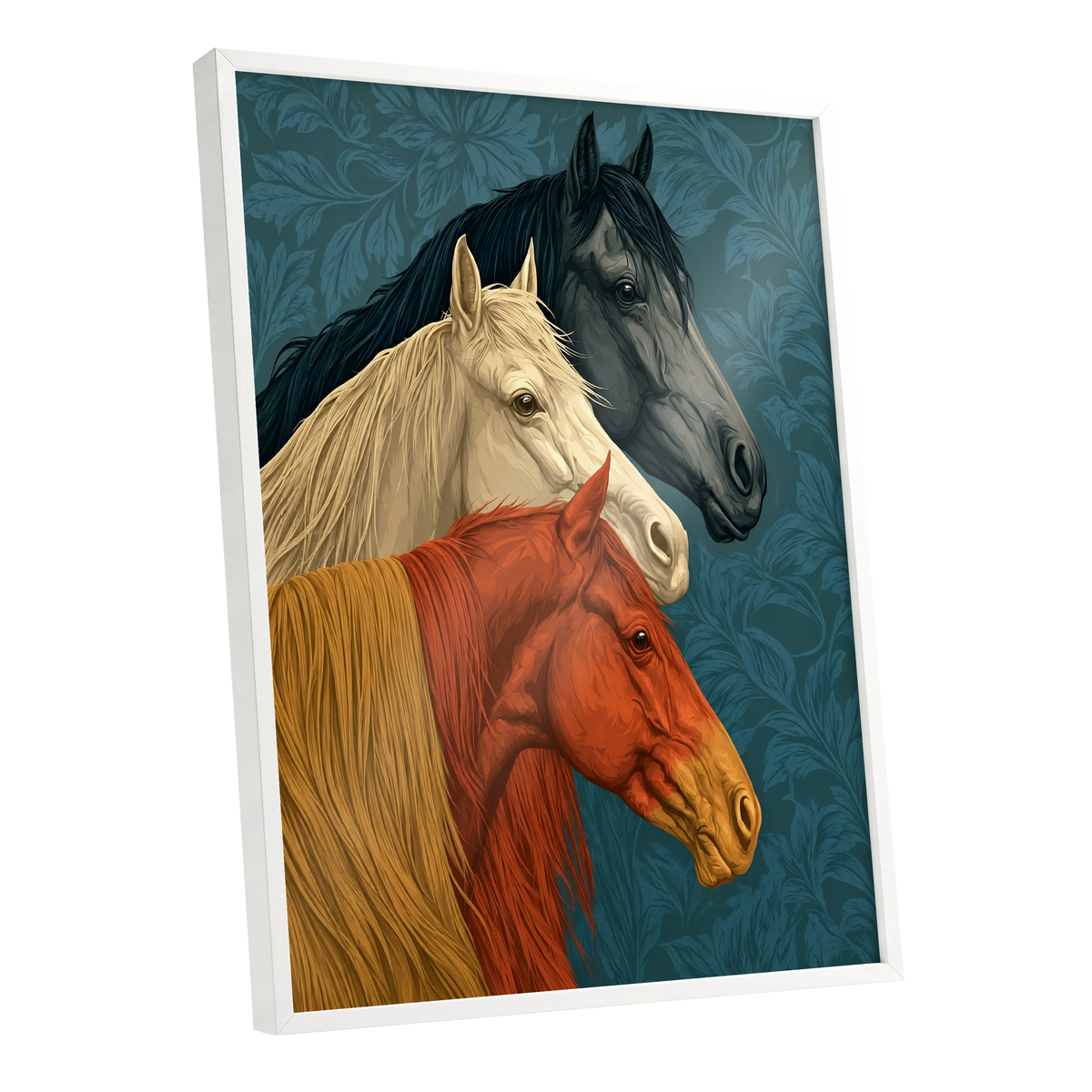 Equine Chorus, blue, beige, orange nature wall art shown as a white framed poster wall art print