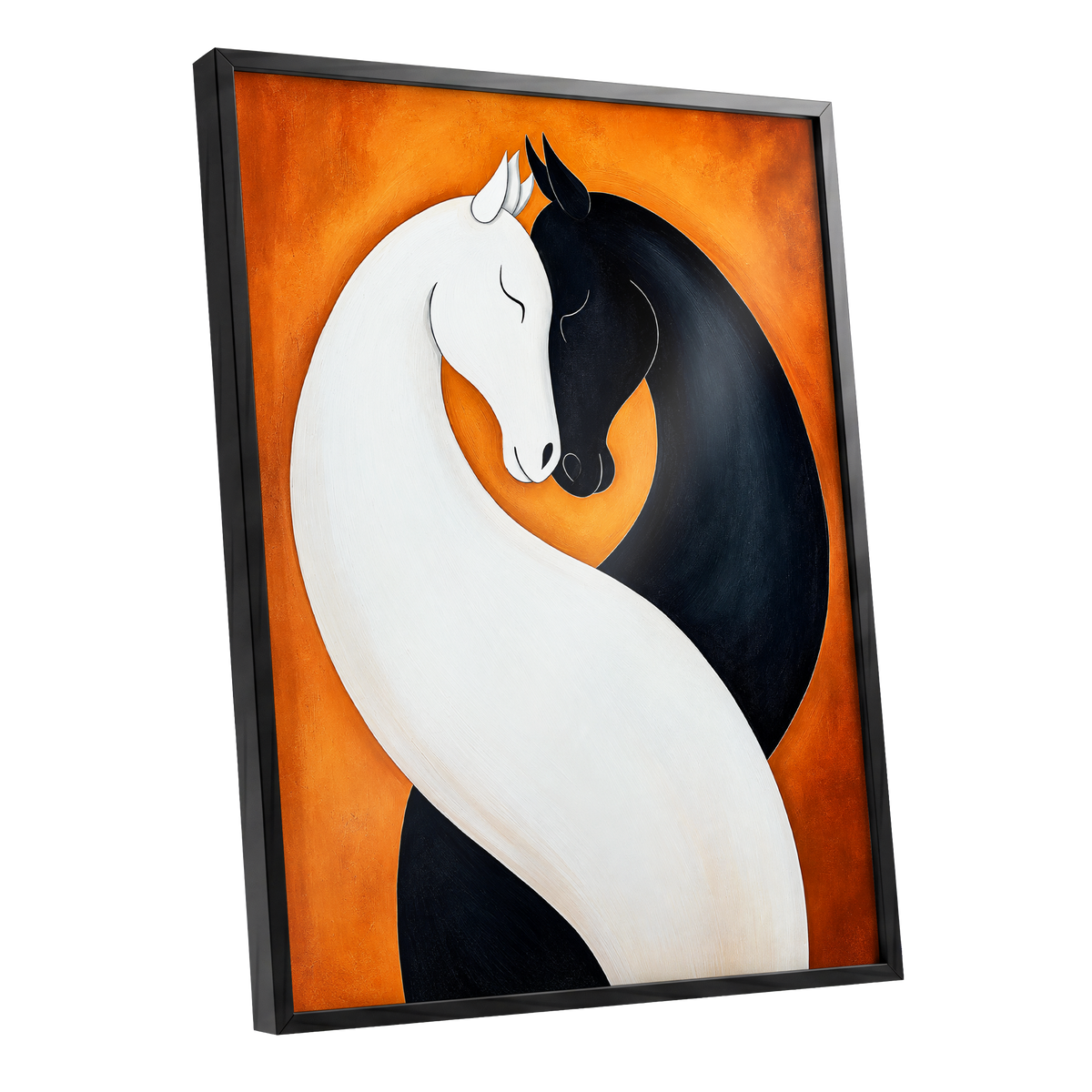 Equine Embrace, black, white, orange nature wall art shown as a black framed poster wall art print