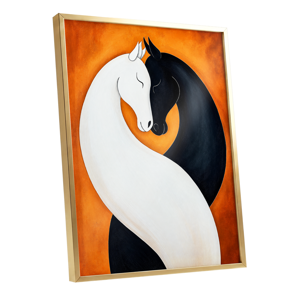Equine Embrace, black, white, orange nature wall art shown as a gold framed poster wall art print