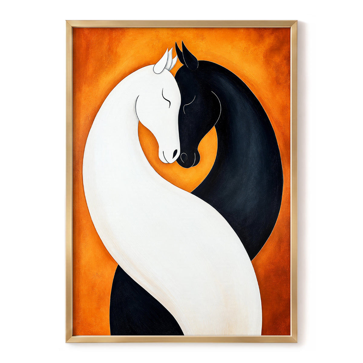 Equine Embrace, black, white, orange nature wall art, front artwork view