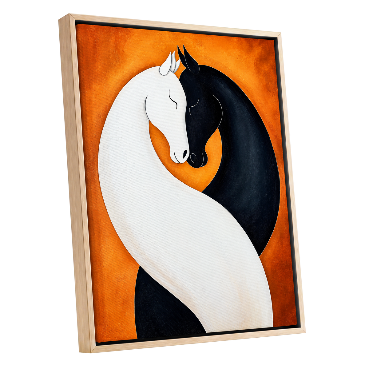 Equine Embrace, black, white, orange nature wall art shown as a oak framed canvas wall art