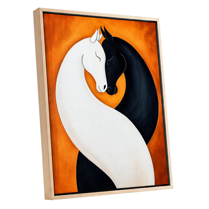 Equine Embrace, black, white, orange nature wall art shown as a oak framed canvas wall art