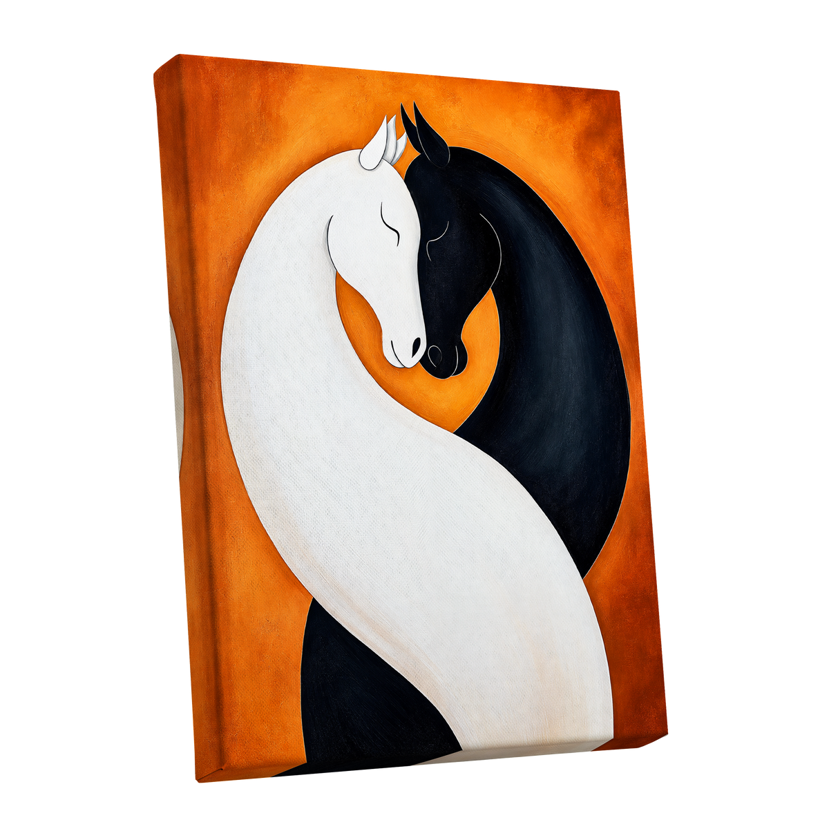 Equine Embrace, black, white, orange nature wall art shown as a stretched canvas wall art
