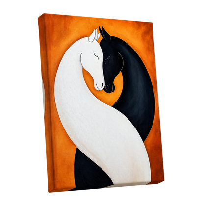 Equine Embrace, black, white, orange nature wall art shown as a stretched canvas wall art