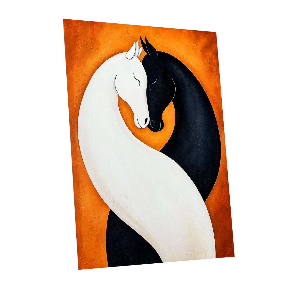 Equine Embrace, black, white, orange nature wall art shown as a unframed poster wall art print