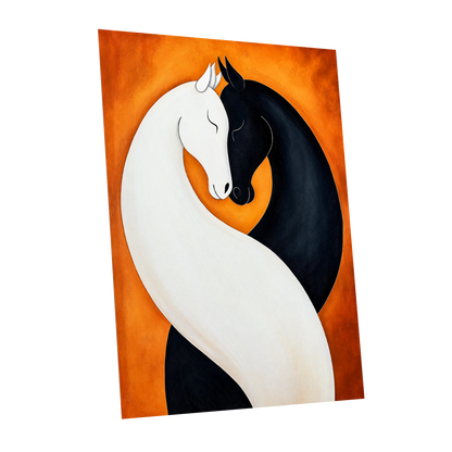Equine Embrace, black, white, orange nature wall art shown as a unframed poster wall art print