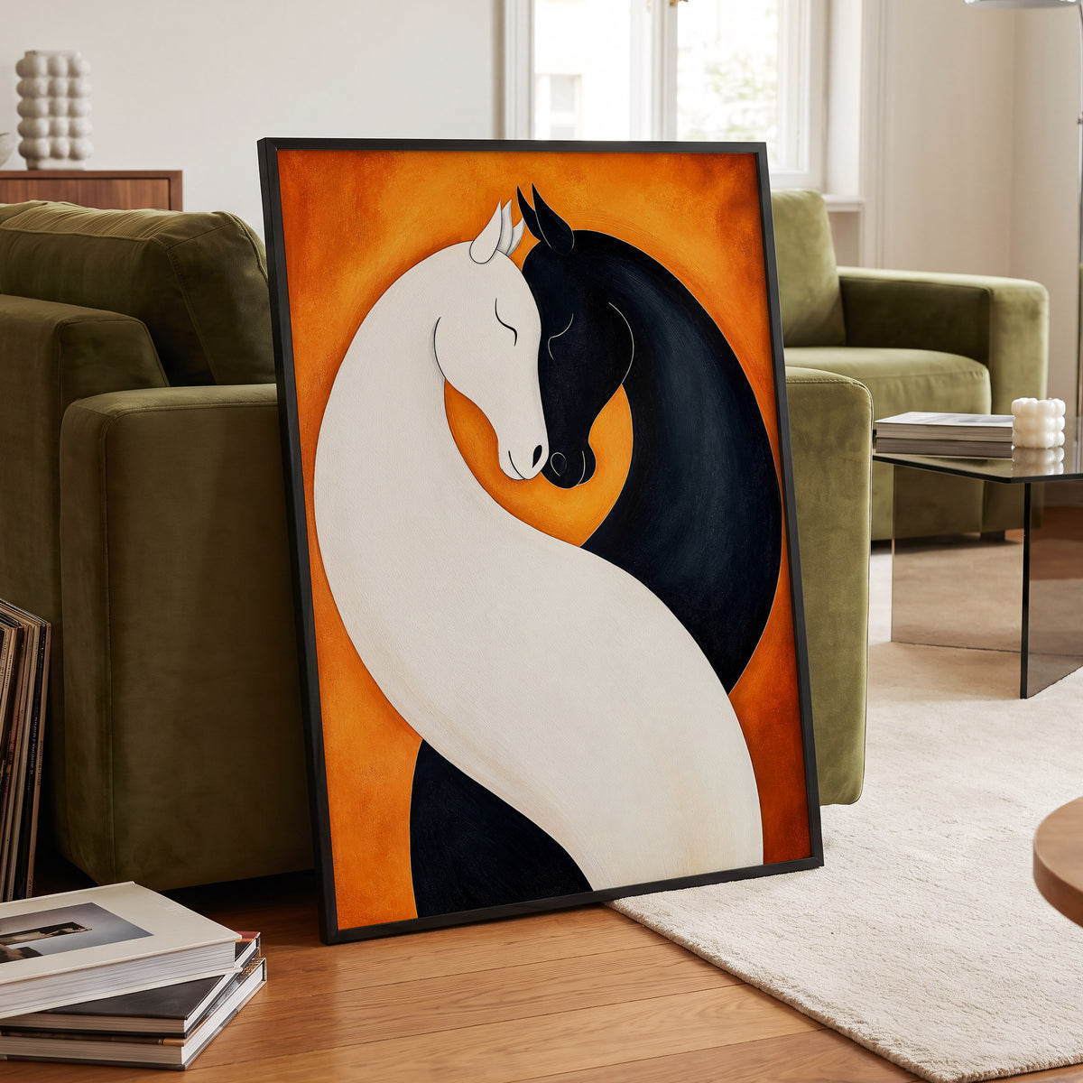 Equine Embrace, black, white, orange nature wall art displayed in a styled interior, gallery view 2