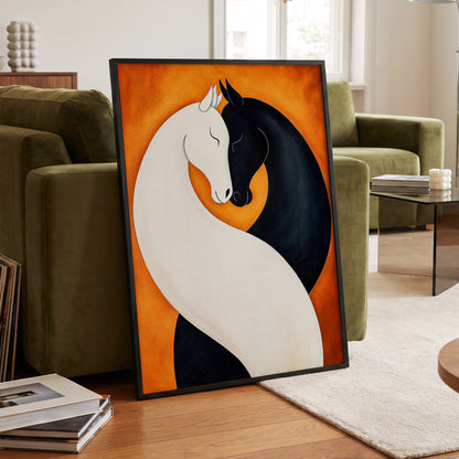Equine Embrace, black, white, orange nature wall art displayed in a styled interior, gallery view 2