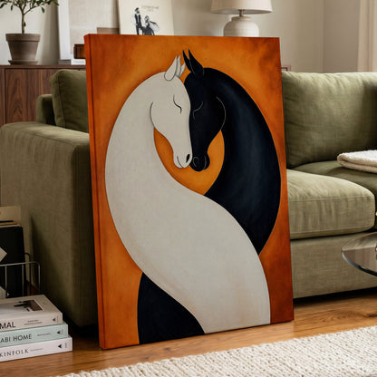 Equine Embrace, black, white, orange nature wall art displayed in a styled interior, gallery view 3