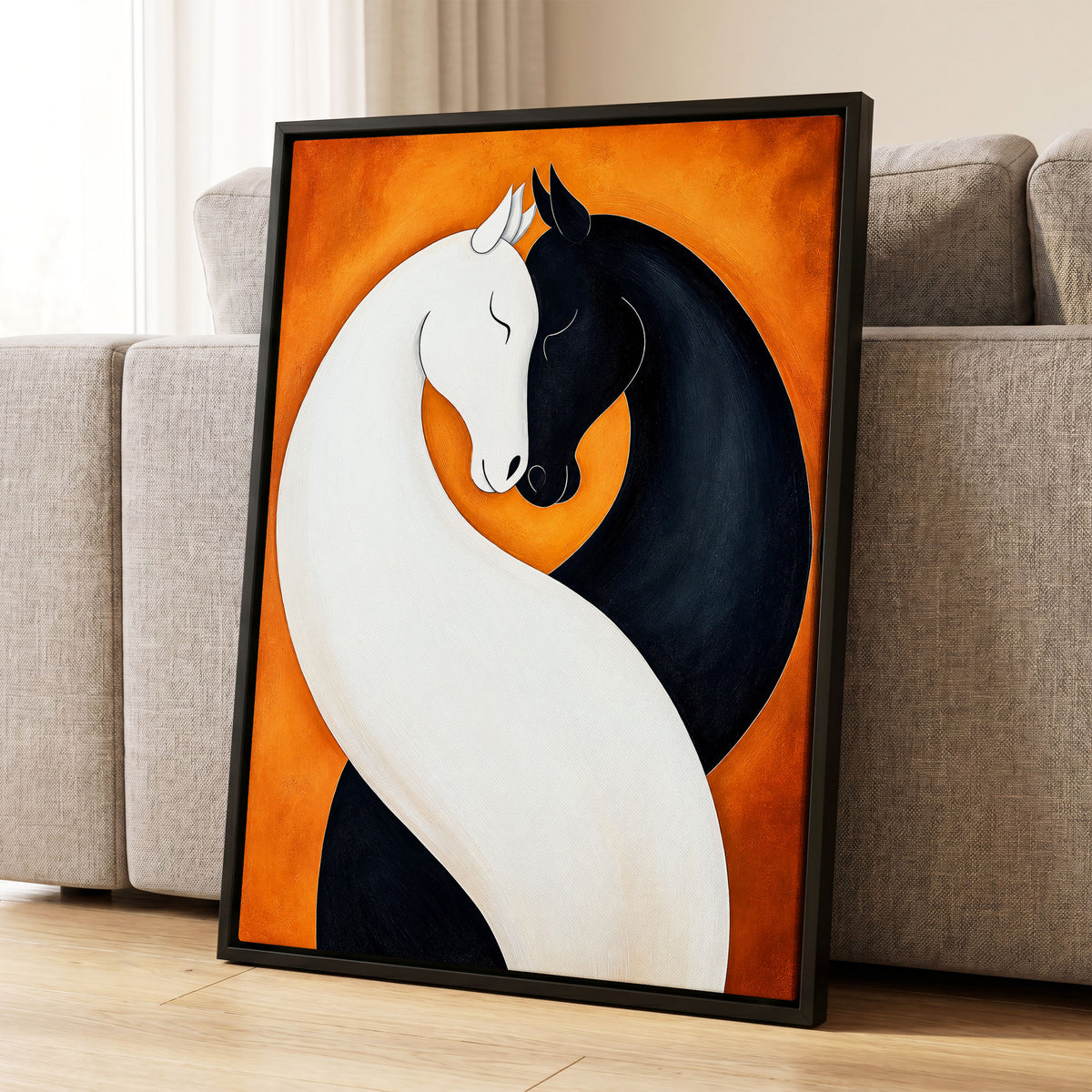 Equine Embrace, black, white, orange nature wall art displayed in a styled interior, gallery view 4