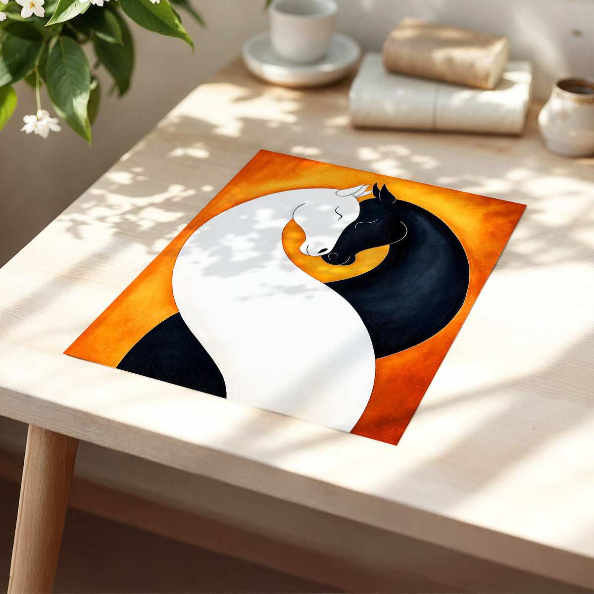 Equine Embrace, black, white, orange nature wall art displayed in a styled interior, gallery view 5