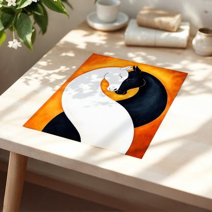 Equine Embrace, black, white, orange nature wall art displayed in a styled interior, gallery view 5