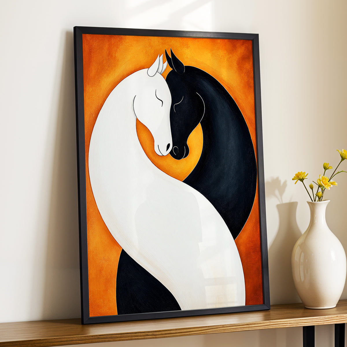 Equine Embrace, black, white, orange nature wall art displayed in a styled interior, gallery view 6