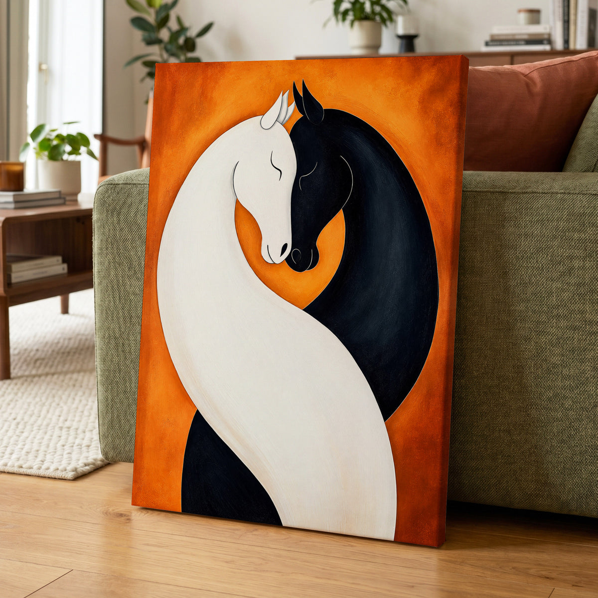 Equine Embrace, black, white, orange nature wall art displayed in a styled interior, gallery view 7