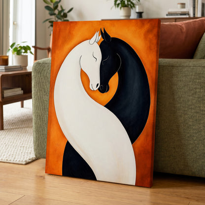 Equine Embrace, black, white, orange nature wall art displayed in a styled interior, gallery view 7