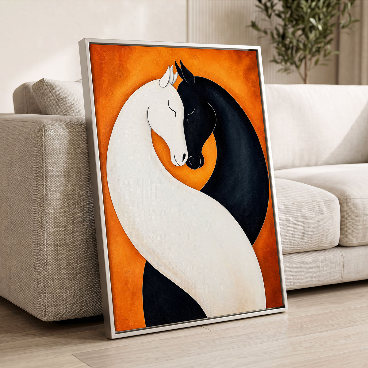 Equine Embrace, black, white, orange nature wall art displayed in a styled interior, gallery view 8