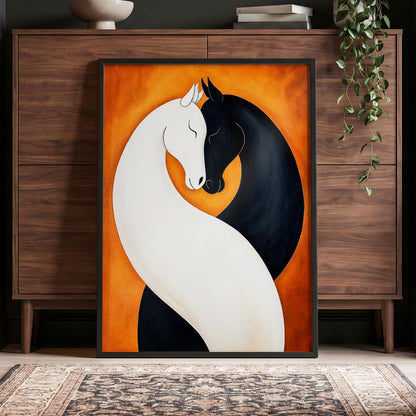 Equine Embrace, black, white, orange nature wall art displayed in a styled interior, gallery view 9